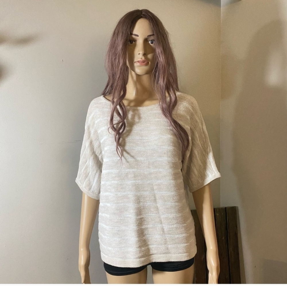 Chico’s Knit Cream Ribbed Blouse Top Drop Sleeves
